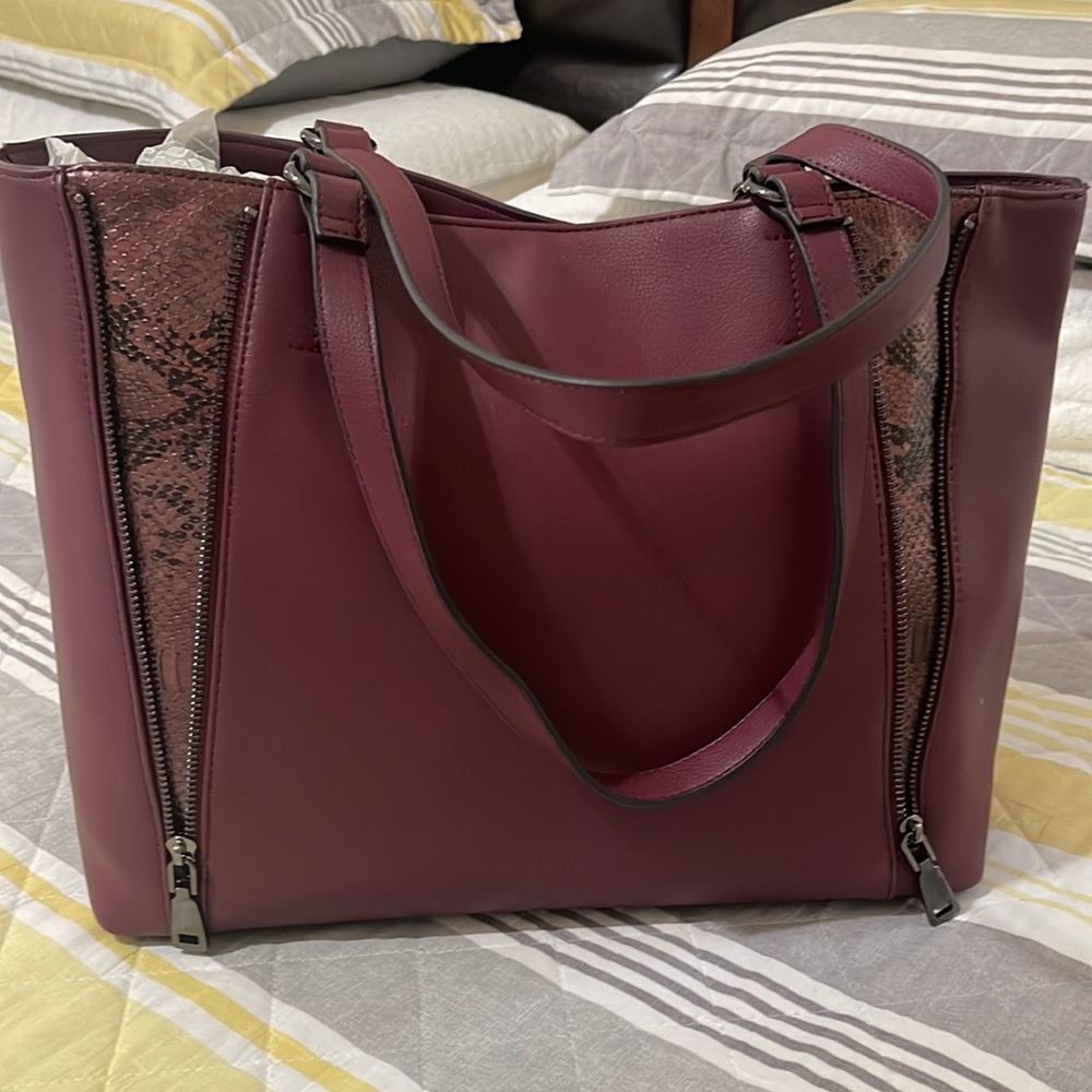 INC  Zoiey Faux Leather XL Tote Bag Cherry Burgundy￼ Purple Snake Print Sides.